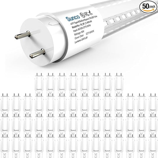 Sunco 50 Pack T8 LED Bulbs 4 Foot, Tube Light Bulbs Ballast Bypass, 48 Inch Fluorescent Replacement, 2200 LM, 18W, 6000K Daylight Deluxe, Single Ended Power, Type B, Clear Lens UL