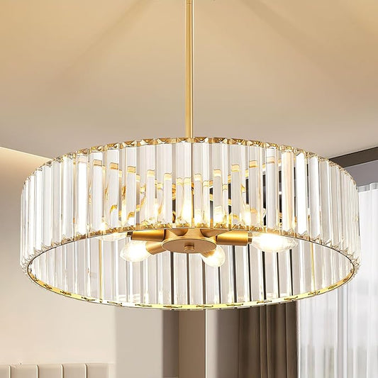 Modern Gold Semi Flush Mount Ceiling Light, Crystal Dining Room Chandelier Light Fixture, 6-Light Drum Lighting Fixtures for Foyer Kitchen Living Room Bedroom (19.6 inch)