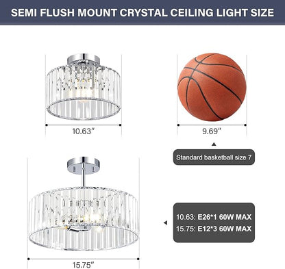 Crystal Chrome Semi Flush Mount Ceiling Light Modern Hallway Light Fixture Metal Close to Lamp for Entryway Bedroom(10.63 inch)