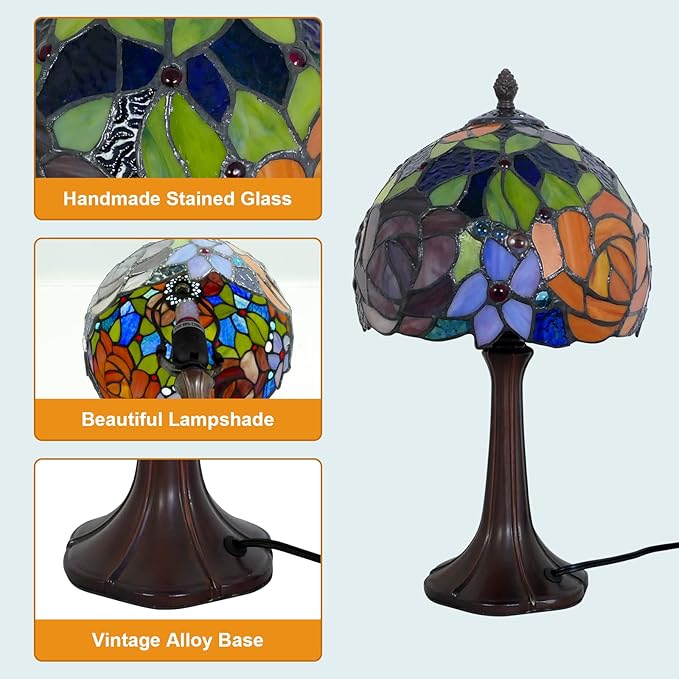 Tiffany Table Lamp Romantic Double-Color Roses Handmade Stained Glass Desk Lamps 8" Wide 15" Tall Vintage Reading Lamp for Office, Living Room, Bedroom, LED Bulb Included