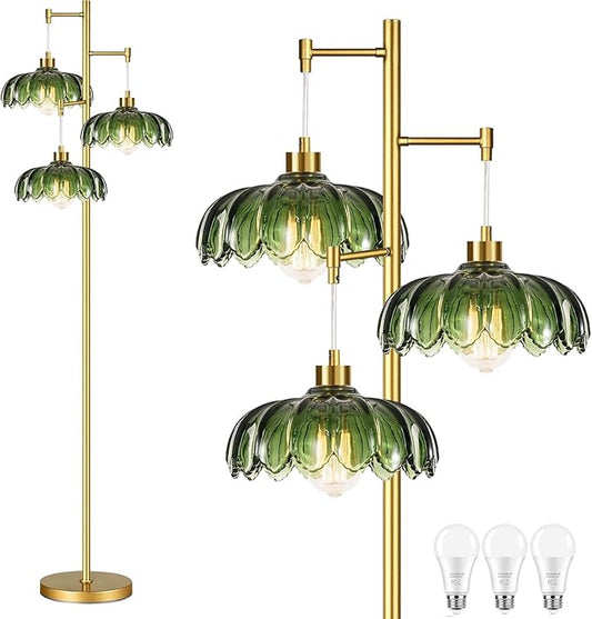 Glass Gold Floor Lamp for Living Room,Bedroom,Mid Century Modern Standing Lamp Brass Tree 3 Light Tall Floor Lamps Vintage Retro Floor Lights Green Flower Lamp Shade Farmhouse Boho Bohemian