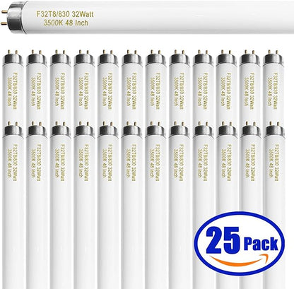 amgolibi F32T8/830 T8 32 Watt Fluorescent Tube 48 Inch 3000K Warm White, 4 Foot Fluorescent Light Bulb, 2950 Lumen, F32T8/TL935/ALTO, G13 Medium Bi-Pin Base, 25 Pack