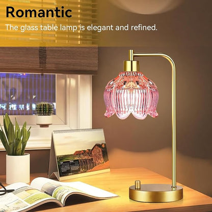 Pink Table Lamp Set of 2,Small Gold Bedside Lamps Dimmable Boho Bedroom Lamp with Flower Glass Lamp Shade,Vintage Mid Century Modern Mini Nightstand Lamp for Girls Kids Bedroom Living Room