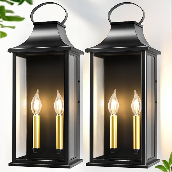 21" Large Outdoor Wall Lights 2 Packs, Black Exterior Lighting Fixtures Outdoor Sconce Light with E12 Base, 2-Light Outdoor Lanterns for Porch, Waterproof Outside Lights for House, Garage, Patio
