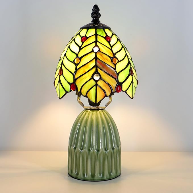 Stained Glass Mushroom Table Lamps 6X6X12.5 Inch Green Coconut Leave Style Small Night Light Ceramic Base Mini Accent Desk Light Suitable for Bedside Table Bedroom Children Room