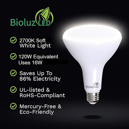 Bioluz LED 4 Pack BR40 LED Light Bulbs - Brightest Dimmable Instant ON Warm White 2700K 120W Equivalent Using 16W 1400 Lumen High CRI Indoor Floodlight Bulb Smooth UL Listed FCC RoHS Compliant
