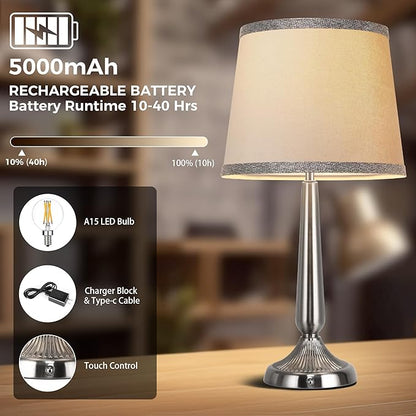 PARTPHONER Cordless Table Lamp, 5000mAh Battery Rechargeable Touch Lamp, 3-Level Brightness Bedside Lamps, Modern Portable Design, Battery Operated Desk Lamp for Patio Camping, Dining, Home, Nickel