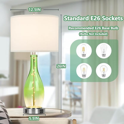 BesLowe 26in Tall Glass Table Lamps Set of 2 with 2 USB Charging Ports & LED Nightlight, Large Coastal Table Lamps for Living Room End Table, Modern Beach Lamps for Bedroom Bedside Nightstand, Green