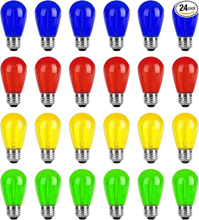 Christmas Light Bulbs 24-Pack S14 Colored LED String Light Bulbs Replacement, E26 Base 1W Plastic Shatterproof Waterproof, Christmas Light Bulb Red, Green, Yellow, Blue