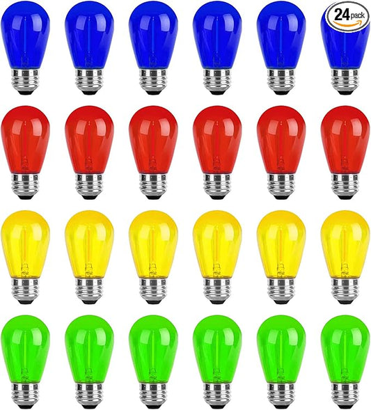 Christmas Light Bulbs 24-Pack S14 Colored LED String Light Bulbs Replacement, E26 Base 1W Plastic Shatterproof Waterproof, Christmas Light Bulb Red, Green, Yellow, Blue