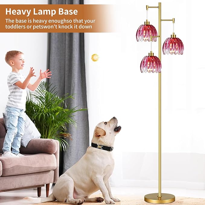 Pink Floor Lamp for Living Room,Bedroom,Gold Mid Century Modern Standing Lamp Brass Tree 3 Light Tall Floor Lamps Vintage Retro Floor Lights Glass Flower Lamp Shade Farmhouse Boho Bohemian
