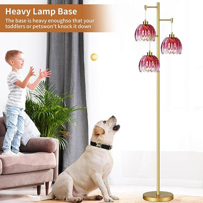 Pink Floor Lamp for Living Room,Bedroom,Gold Mid Century Modern Standing Lamp Brass Tree 3 Light Tall Floor Lamps Vintage Retro Floor Lights Glass Flower Lamp Shade Farmhouse Boho Bohemian