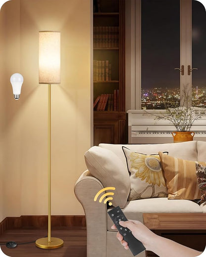 Dimmable Floor Lamps for Living Room with Remote and Foot Switch, 64.4” Modern Standing Tall Lamp, Corner Lamp for Bedroom, Bulb Included, 3000K-6500K, White and Gold, FCC Listed DW06LD05W1