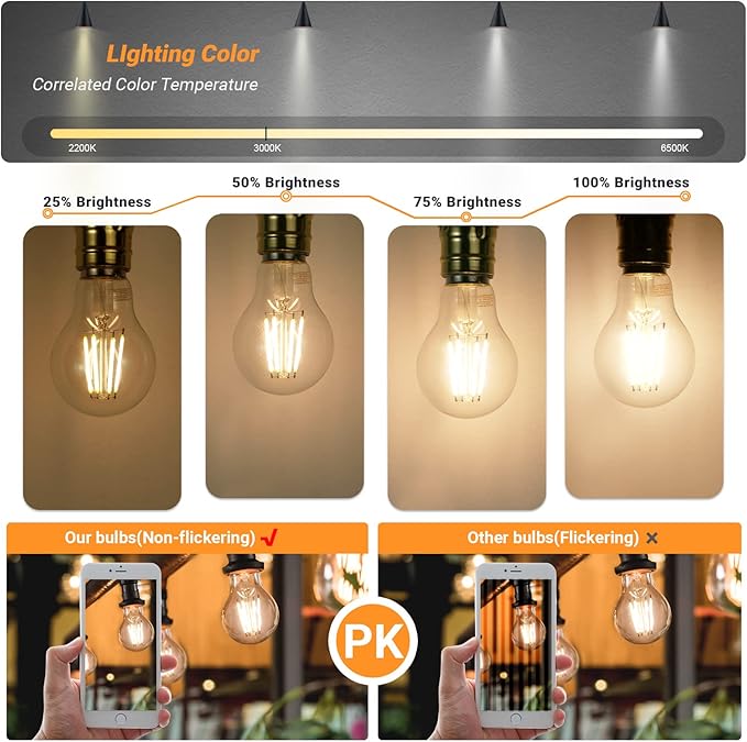 A19 E26 Base Dimmable Edison LED Bulb, 4W(40 Watt Equivalent) Stepless Dimming Light Bulbs 400lm, 3000K Soft Warm White, Vintage Clear Glass LED Filament Bulb for Home, Wall Sconce, Chandelier, 6 Pack
