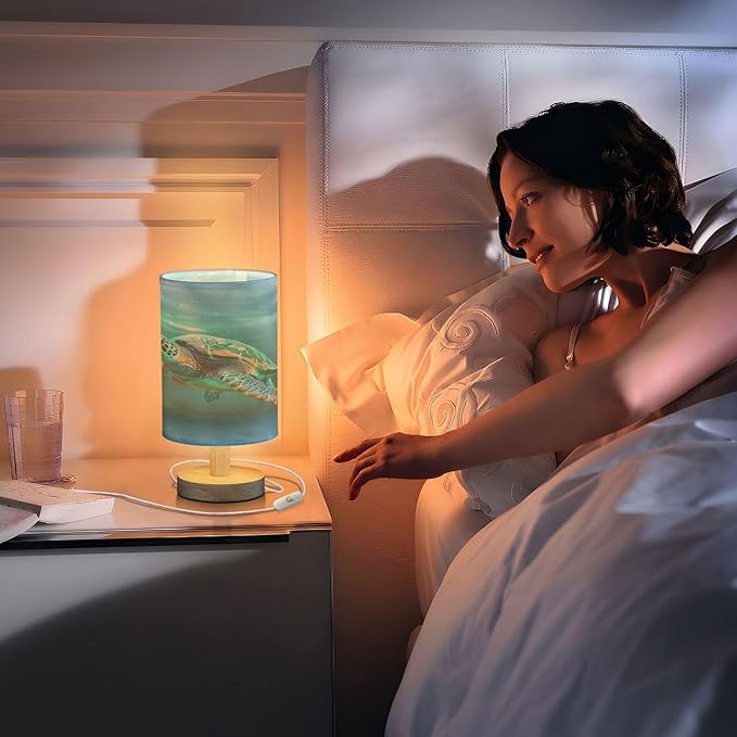 Bedside Lamp Turtle Teal Underwater Table Lamp for Bedroom LED Nightstand Lamp Shade USB Ports Wood Base for Living Room Dorm Office