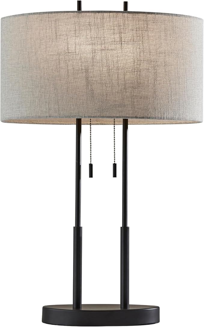 Adesso Duet Table Lamp with Dual Pull Chains, Antique Bronze Finish, Taupe Fabric Shade – 27” Tall, Versatile Bedside Table or Desk Lamp