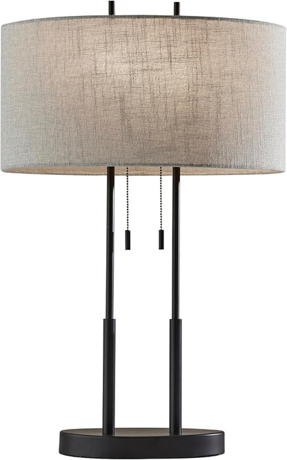 Adesso Duet Table Lamp with Dual Pull Chains, Antique Bronze Finish, Taupe Fabric Shade – 27” Tall, Versatile Bedside Table or Desk Lamp