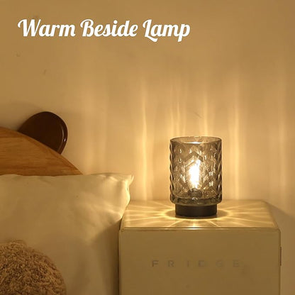 Battery Operated Lamp with Timer, Small Table Lamp for Office Desk Decor, Glass Cordless Lamp Bedside Cozy Light for Living Room Aesthetic, Entryway Wave Design-Grey