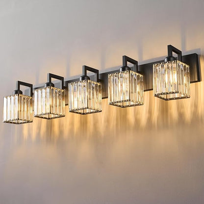 Black Bathroom Light Fixture, 5-Light Crystal Vanity Lighting, Bathroom Lighting Fixtures Over Mirror, Modern Crystal Wall Lamp