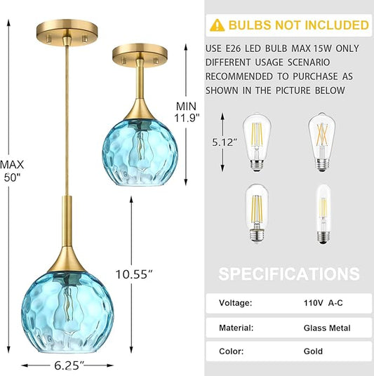 6.3" Blue Texture Glass Rod Pendant Light 3 Pack Pendant Ceiling Light Fixture Gold Finish Modern Farmhouse Dinning Over Sink Adjustable Height Cord