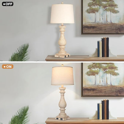 27.5" Tall Farmhouse Lamp,Vintage Bedside Nightstand Lamps with USB Charging Ports A/C,3-Way Dimmable Touch Control Retro Lamp for Bedroom Living Room,Single Beige