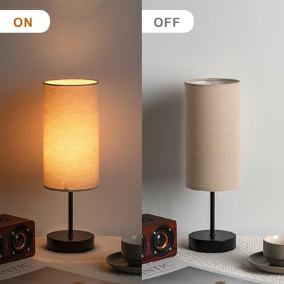 Small Bedside Table Lamp for Bedroom, Round Linen Shade and Black Metal Base, Rustic Minimalist Night Lamps for Nightstand, Dresser, Living Room, Office, College Dorm, Warm Light, 5W LED Bulb Included