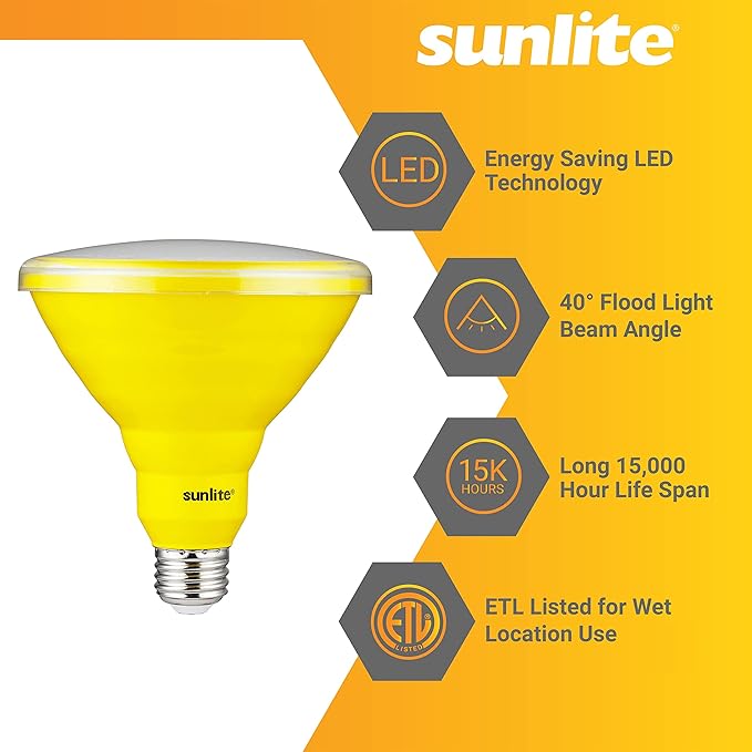 Sunlite 40243 LED PAR38 Colored Recessed Bug Bulb, 15 watt (75w Equivalent), Medium (E26) Base, Floodlight, ETL Listed, Yellow, 3 Pack