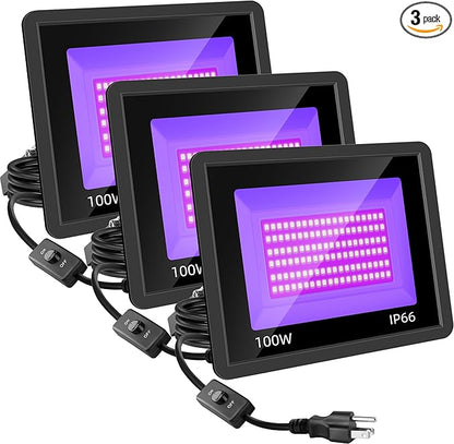 3 Pack 100W LED Black Light, Blacklight Flood Lights with Plug, IP66 Waterproof Black Flood Light Neon Glow for Party, Halloween, Fluorescent Poster, Body Paint