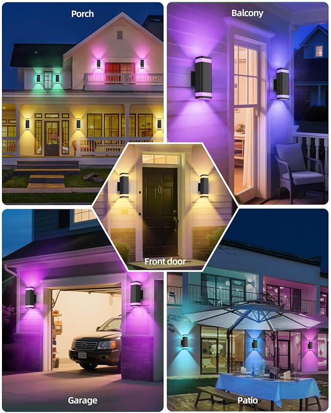 Smart Outdoor RGB Wall Lights 2 Pack, Wi-Fi & App Control Color Changing Up and Down Wall Sconce with Remote, Dusk to Dawn Waterproof Exterior Lighting Fixtures Works with Alexa, Google Assistant