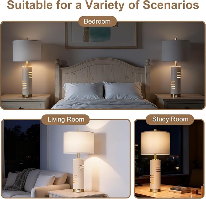 27.5" Faux Stone Table Lamps Set of 2 with Night Light, Farmhouse Lamps for Living Room with USB A+C Ports, Bedside Table Lamps with Linen Shade for Bedroom Nightstand Office (Bulb Included)