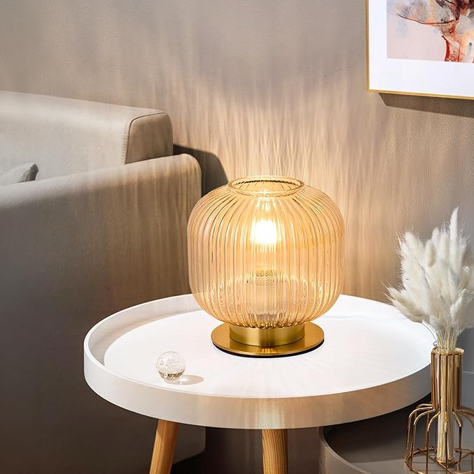 NKU Mid-Century Modern Glass Table Lamp Featuring a Ribbed Glass Shade, Gold-Finished Nightstand or Desk Lamp Ideal for Bedside, Corner Bookshelf, Living Room, or Office (Amber Table Lamp)