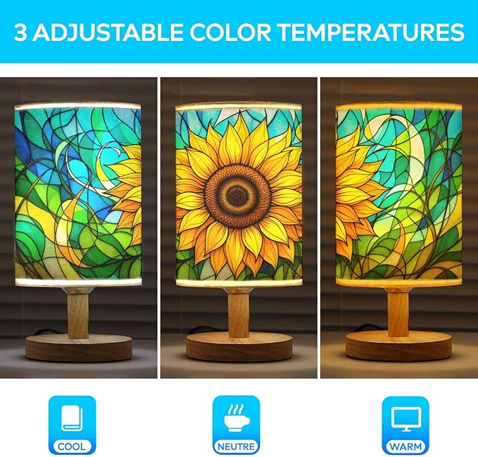 Sunflower Table Lamp LED 3-Color Pressed Bedside, Sunflower Shade Lamp with Wood Base for Bedroom Living Room Desk Office TL01