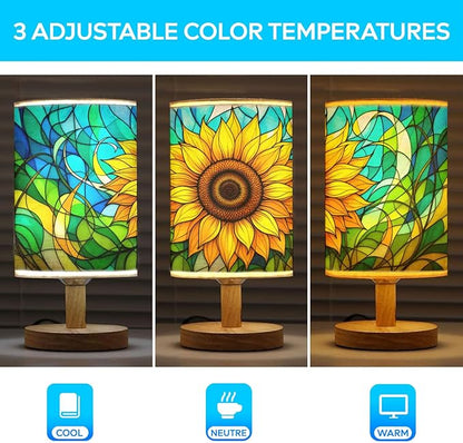 Sunflower Table Lamp LED 3-Color Pressed Bedside, Sunflower Shade Lamp with Wood Base for Bedroom Living Room Desk Office TL01