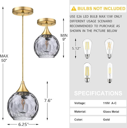Doraimi Lighting 6.25" Gray Glass Pendant Light 3 Pack Pendant Ceiling Light Fixtures Gold Finish Modern Farmhouse Dinning Over Sink Adjustable Height Cord