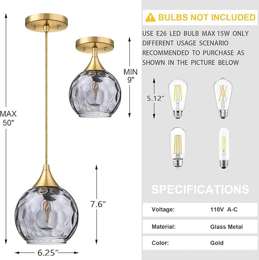 Doraimi Lighting 6.25" Gray Glass Pendant Light 3 Pack Pendant Ceiling Light Fixtures Gold Finish Modern Farmhouse Dinning Over Sink Adjustable Height Cord