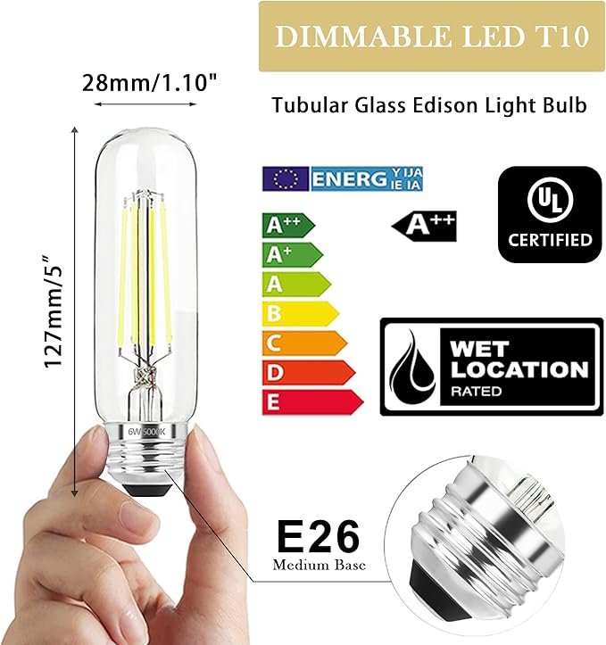 5 Inch Edison Bulb, 5000K Daylight White E26 Led Bulb 6W Dimmable, 800LM T10 T9 Clear Glass Tubular Light Bulbs, AC 120V Equal 80 Watt Bulbs for Chandelier Pendant Wall Light - 4Pack
