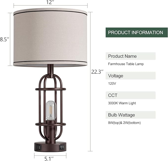 Living Room Lamps Set of 2, 22.3" Farmhouse Table Lamp for Bedroom, Vintage Lamps for Night Stands with USB Ports, Oil Rubbed Bronze
