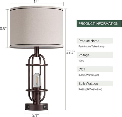 Living Room Lamps Set of 2, 22.3" Farmhouse Table Lamp for Bedroom, Vintage Lamps for Night Stands with USB Ports, Oil Rubbed Bronze