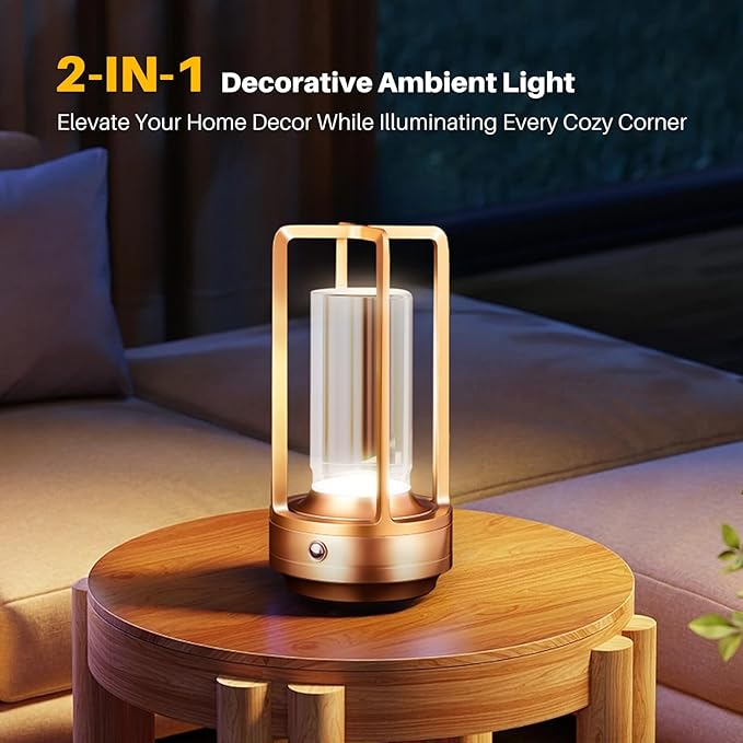 Rechargeable Table Lamp Cordless, 3 Color | Crystal | Stepless Dimming, for Bedroom, Cafe, Camping, Bar, Dining Table, Restaurant, Gold (2 Pack)
