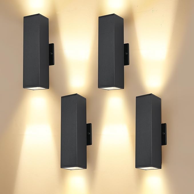Outdoor Porch Lights, 14 in Outside Lights for House,Garage,Front Door,Modern Black Outdoor Wall Sconce,Up and Down Aluminum Square Patio Wall Light Fixture Include 8 * 7W Led Bulbs 4PCS