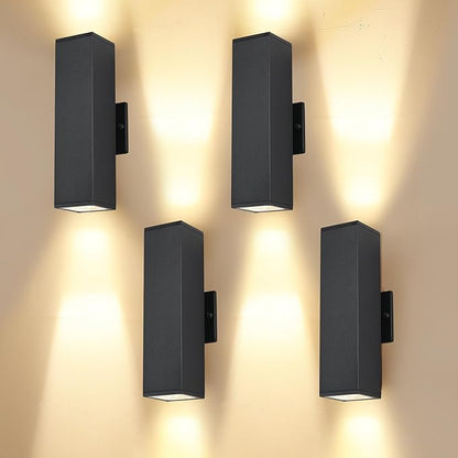 Outdoor Porch Lights, 14 in Outside Lights for House,Garage,Front Door,Modern Black Outdoor Wall Sconce,Up and Down Aluminum Square Patio Wall Light Fixture Include 8 * 7W Led Bulbs 4PCS