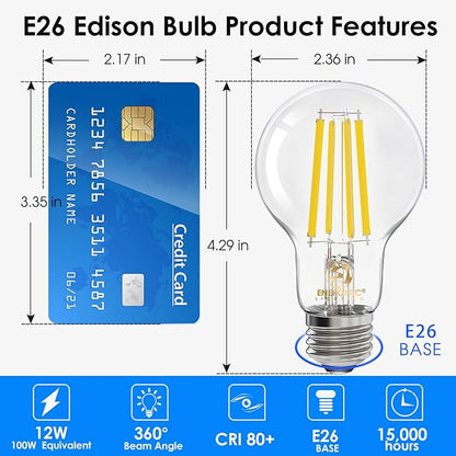 Energetic Dimmable A19 LED Edison Light Bulb, 12W Equivalent 100W, 1600LM High Brightness, 5000K Daylight, Clear Antique LED Filament Bulb for Home, Bathroom, E26 Standard Base, 6-Pack