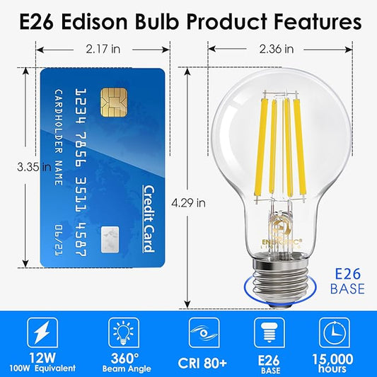 Energetic Dimmable A19 LED Edison Light Bulb, 12W Equivalent 100W, 1600LM High Brightness, 5000K Daylight, Clear Antique LED Filament Bulb for Home, Bathroom, E26 Standard Base, 6-Pack