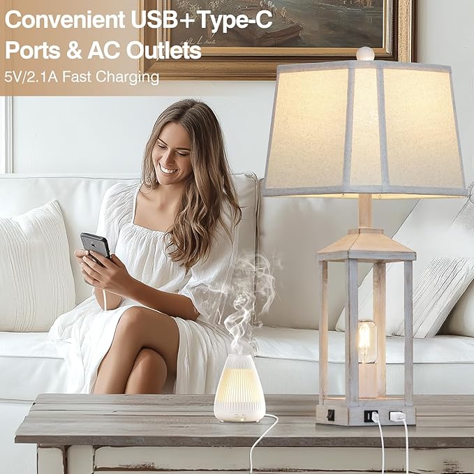 28" Set of 2 Vintage Table Lamps for Living Room，Farmhouse Industrial Nightstand Lamp with USB C+A & Outlet ，White Bedside Lamps for End Table with Nightlight, Bell Lampshades for Bedroom Nightstand