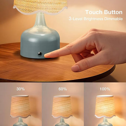Cordless Boho Table Lamp Blue, Wicker Shade, 5200-mAh Rechargeable Battery, 3-Way Dimmable, Build-in Integrated LED 320 Lumen Max, for Bedside Living Room