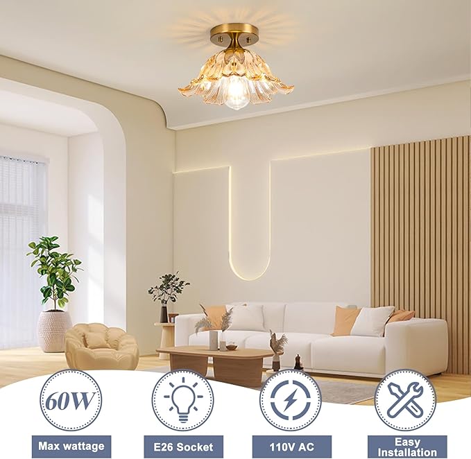 Semi Flush Mount Ceiling Light, Vintage Ceiling Light E26,Amber Shade Glass Hallway Light Fixture for Kitchen Porch Bedroom,Bulb Included 3000K