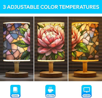 Peony Table Lamp LED 3-Color Pressed Bedside, Peony Shade Lamp with Wood Base for Bedroom Living Room Desk Office TL01