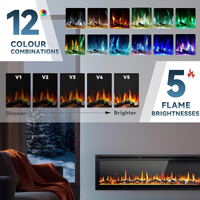 EUHOMY 60 Inch Electric Fireplace Recessed Wall Mounted Freestanding with Remote Control, Ultra-thin Fireplace Heater with Adjustable Flame Color, Linear Fireplace with Timer, Log & Crystal, 750/1500W