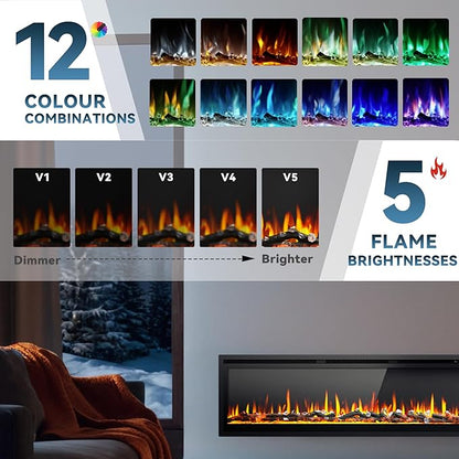 EUHOMY 60 Inch Electric Fireplace Recessed Wall Mounted Freestanding with Remote Control, Ultra-thin Fireplace Heater with Adjustable Flame Color, Linear Fireplace with Timer, Log & Crystal, 750/1500W