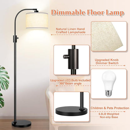 [Upgraded] Dimmable Black Floor Lamp, 1200 Lumens LED Edison Bulb Included, Arc Floor Lamp for Living Room Modern Standing Tall Floor Lamps with Linen Shade for Bedroom Office Reading Room Nursery